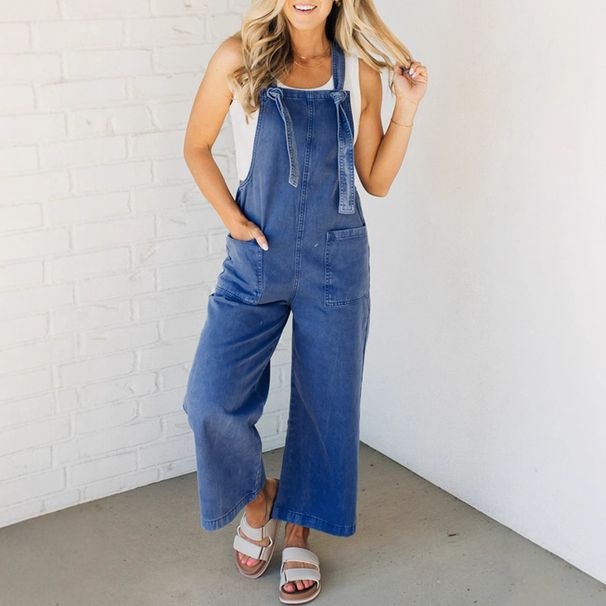 Fashion Suspender Jumpsuit Women's Loose Straight Wide Leg Denim Trousers_ecoleips.com
