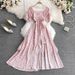Floral Print Tea Break Dress Summer Style Slimming Flattering Square Neck a Line Full Skirt Gentle Sweet First Love Style_ecoleips.com