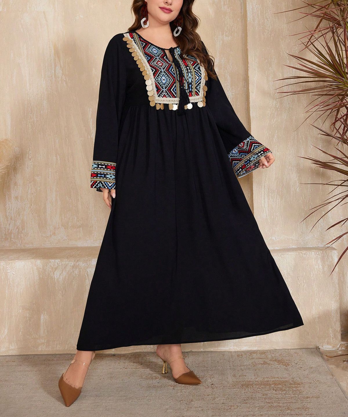 Ethnic Embroidered Maxi Dress With Sequins - Long Sleeve A-Line Dress For Women, Boho Travel Dress (0XL-4XL, Black)_ecoleips.com