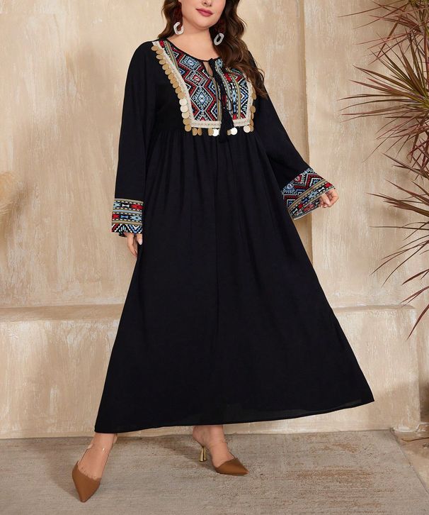 Ethnic Embroidered Maxi Dress With Sequins - Long Sleeve A-Line Dress For Women, Boho Travel Dress (0XL-4XL, Black)_ecoleips.com