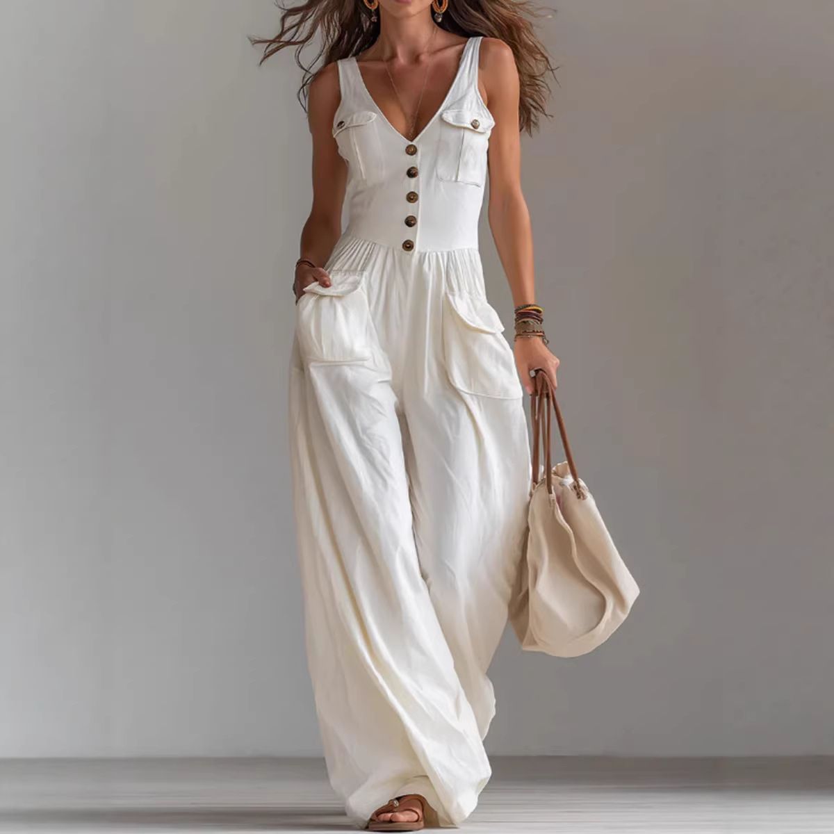 Summer New Arrival Women's Solid Color Button Pocket Casual Overalls Loose Fit European American Style Jumpsuit Romper_ecoleips.com