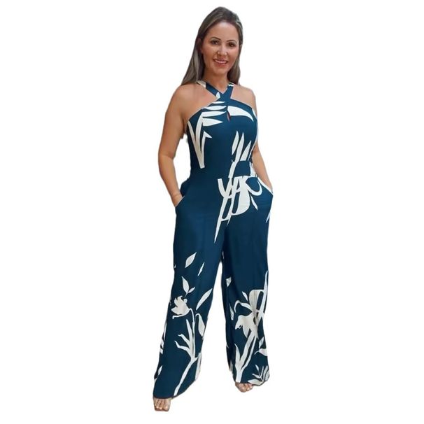 Women's Clothing S10811 Printed Hollow Strap Wide Leg Jumpsuit_ecoleips.com