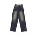 KENH Dark Blue Washed High-Waisted Straight-Leg Jeans For Women, New Spring-Summer Frayed Hem Wide-Leg Floor-Length_ecoleips.com