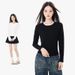 American Front Shoulder Long-sleeved T-shirt Women's Autumn Solid Color Short Slim-fit Elastic Inner Small Top Women's Black Bottoming Shirt_ecoleips.com