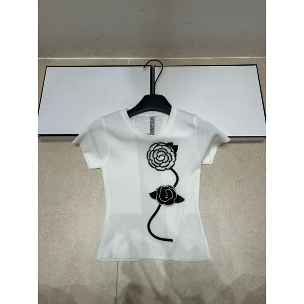 Trendy Brand Knitted Top With Lace Cutout On The Back, Three-Dimensional Floral Design, Short-Sleeved Pullover, Loose_ecoleips.com