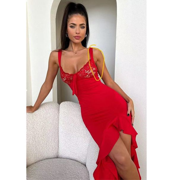 Women's Clothing Solid Color Sexy Backless Suspenders Lace Ruffled Long Skirt_ecoleips.com