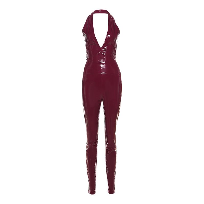 Women's Halter Neck PU Leather Set – Backless Crop Top & High-Waist Pants – Sexy Two-Piece Outfit (S-L)_ecoleips.com