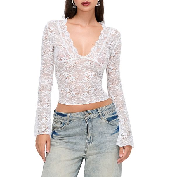Women's Sexy Deep V Neck Slim Fit Long Sleeve Lace Top European And American Style Versatile Autumn Fashion for Ladies_ecoleips.com