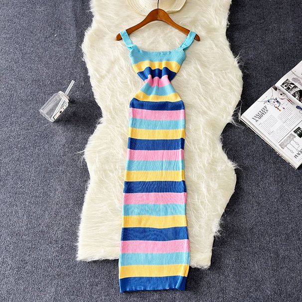 Chic Elastic Sexy Wrap Hips Maxi Long Dress Women Y2K Rainbow Knitted Bodycon Summer Dress Streetwear Ladies Outfits Sundress_ecoleips.com