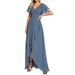 Women's Clothing Double V Neck Backless Chiffon Dress Solid Color Short Sleeved Long Dress Banquet Bridesmaid Evening Dress_ecoleips.com
