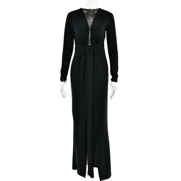 Women Trendy Figure‑Flattering Maxi Dress With Deep V‑Neck, Long Sleeves, Delicate Pleats & High‑Slit Hem_ecoleips.com
