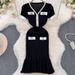 Women's Clothing Temperamental V Neck Waist Knitted Dress Short Sleeved Hip Fishtail Skirt Fashionable Contrast Color Sweater Dress_ecoleips.com
