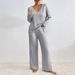 Oversized V-Neck Ribbed Knit Sweater & Lounge Pants Set – Cozy Brushed Polyester Loungewear For Women (Light Gray, Rose, Olive, Charcoal, Navy)_ecoleips.com
