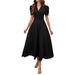 Elegant Plain High Waist V Neck Short Sleeve Dress Women Casual Daily Party Wear_ecoleips.com