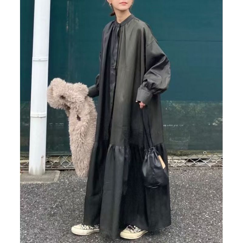 Plus Size Women's Casual Long Sleeve Solid Color Dress – Soft Polyester Fabric, Flowy A-Line Silhouette, Elegant Round Neck & Puff Sleeves_ecoleips.com
