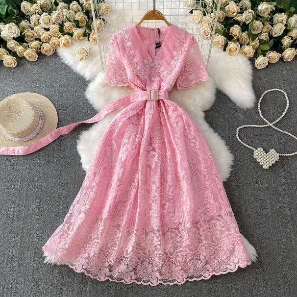 High-End Lace Dress for Women V Neck Short Sleeve Summer Fitted Princess Style Dress Premium Selection_ecoleips.com