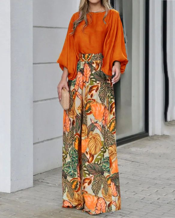 Women's Clothing Summer New Women's Suit Lantern Sleeve Loose Top Printed Wide Leg_ecoleips.com