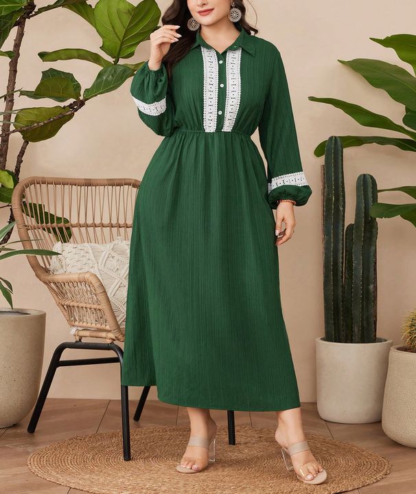 Elegant Plus Size Retro Dress For Women - Long Sleeve A-Line Maxi Dress With Polo Collar, Dark Green Office & Casual Wear (0XL-4XL)_ecoleips.com