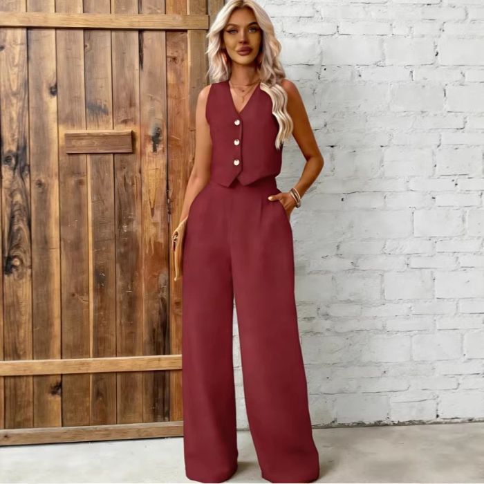 Women's Clothing American Style Two Piece Clothing Set Plus Size Solid Color Button Vest New 2026_ecoleips.com