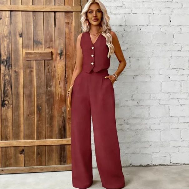 Women's Clothing American Style Two Piece Clothing Set Plus Size Solid Color Button Vest New 2026_ecoleips.com