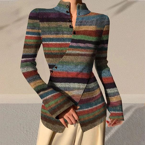 Women's Clothing Hot Selling Stand Up Collar Striped Cross Hem Button T Shirt_ecoleips.com