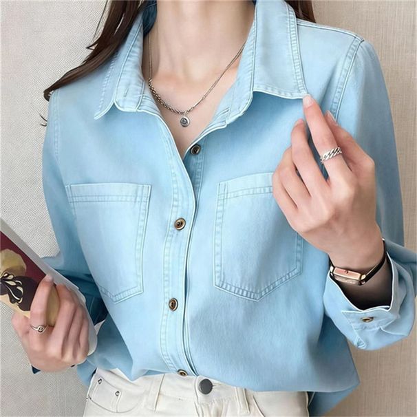 Retro Style Blue Denim Shirt For Petite Women, Spring And Autumn New Design, Niche Style Women's Coat_ecoleips.com