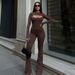 Women Fashion Two Piece Set Solid Color Long Sleeve Top And Bodycon Hip Lifting Strappy Jumpsuit Dress Outfit_ecoleips.com
