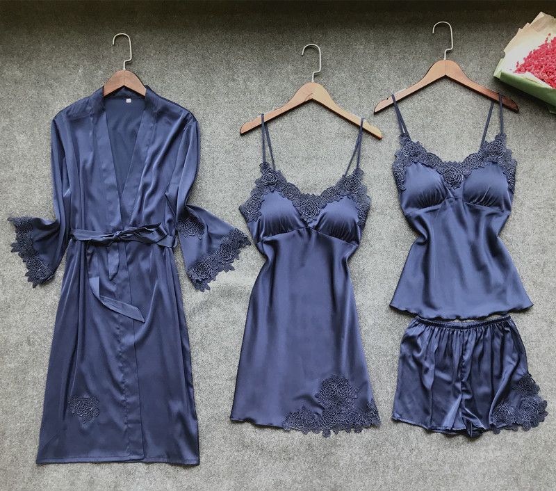 Women's summer four-piece ice ribbon chest cushion home dress set sexy summer small breasts_ecoleips.com