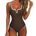 Women's Sexy One-Piece Swimsuit With Deep V-Neck & Side Cutouts - High Waist Tummy Control Bathing Suit For Women, Solid Color Swimwear For Beach_ecoleips.com