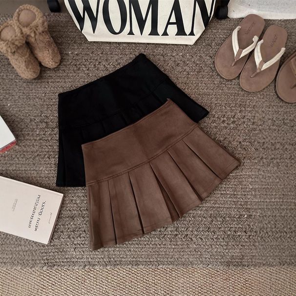 Sexy Suede Solid Color Midi Skirt for Women Anti-Exposure Slimming Pleated Mini Skirt for Autumn Winter Versatile Niche_ecoleips.com