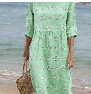 Best Selling Women's mid Length Sleeve round Neck Dress Side Pockets Beach Vacations_ecoleips.com