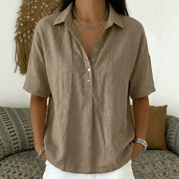 Summer Women's Loose Comfortable T-Shirt Short Sleeve Solid Color Lapel American Style_ecoleips.com
