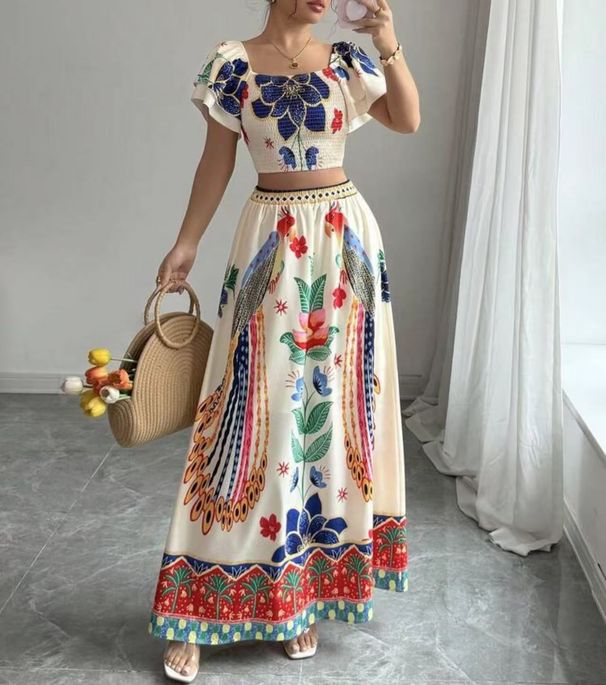Women's Clothing New Printed Leisure Vacation Style Bohemian Short Sleeved Top Long Skirt Ladies Suit_ecoleips.com