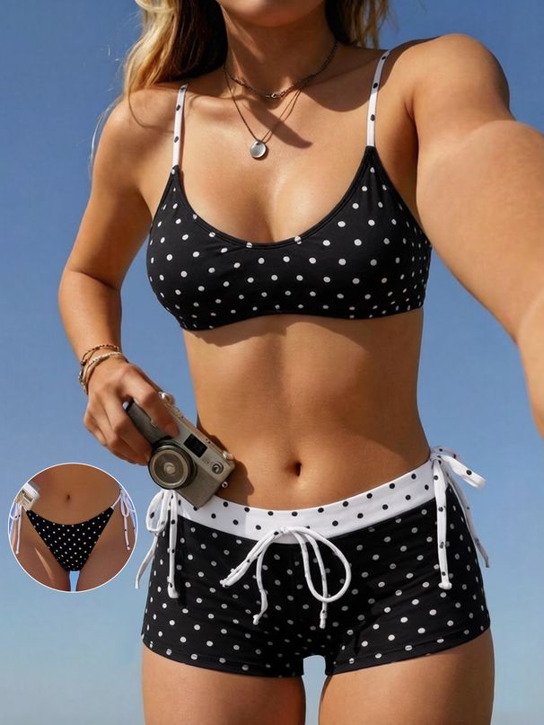 New 2026 Women's Polka Dot Print Bikini Two Piece Shorts European And American Style Three Piece Swimsuit_ecoleips.com
