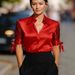Satin V Neck Sheer Striped Shirt Tie up mid Length Sleeve Blouse for Women Elegant Fashion England Style Spring/Autumn Summer_ecoleips.com