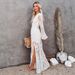 Early Spring Cross-Border Coat European And American Women's Lace Long V-Neck Solid Color Chiffon Summer Dress_ecoleips.com