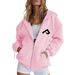 Women's Clothing Women's Loose Fitting Hooded Zip Up Jacket Comfortable Stylish Simple Long Sleeved Autumn Winter Coat Print_ecoleips.com
