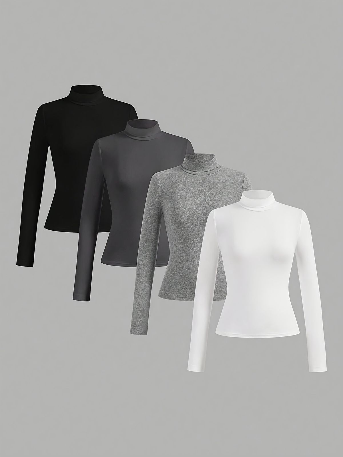 Women's Clothing Women's Solid Color Casual High Neck Long Sleeve T-Shirt Set 4-Piece Long Sleeve For Formal & Casual_ecoleips.com