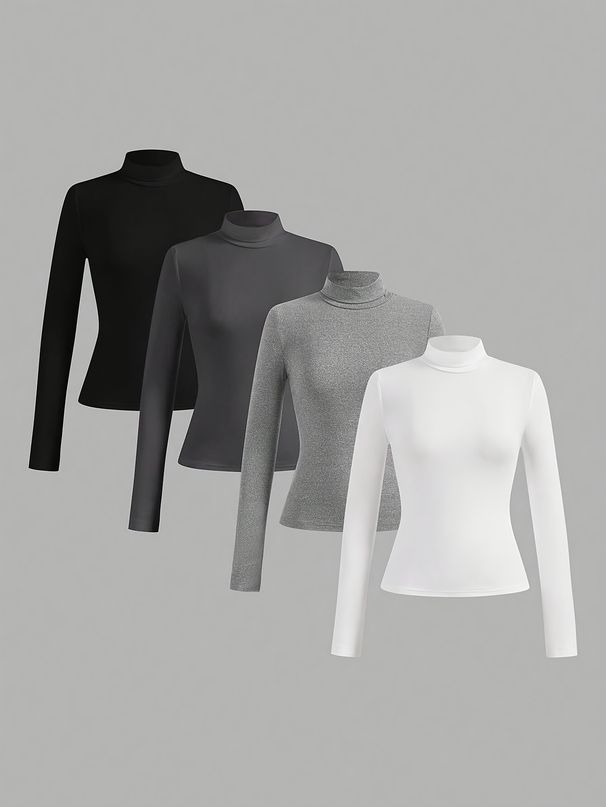 Women's Clothing Women's Solid Color Casual High Neck Long Sleeve T-Shirt Set 4-Piece Long Sleeve For Formal & Casual_ecoleips.com