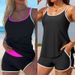 Women's Two-Tone Tankini Swimsuit Set Adjustable Straps Full Coverage Bikini Top High Waist Bottoms Plus Size_ecoleips.com