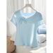 Women's Clothing French light blue ice silk short sleeved knitted sweater tops for women in early spring_ecoleips.com