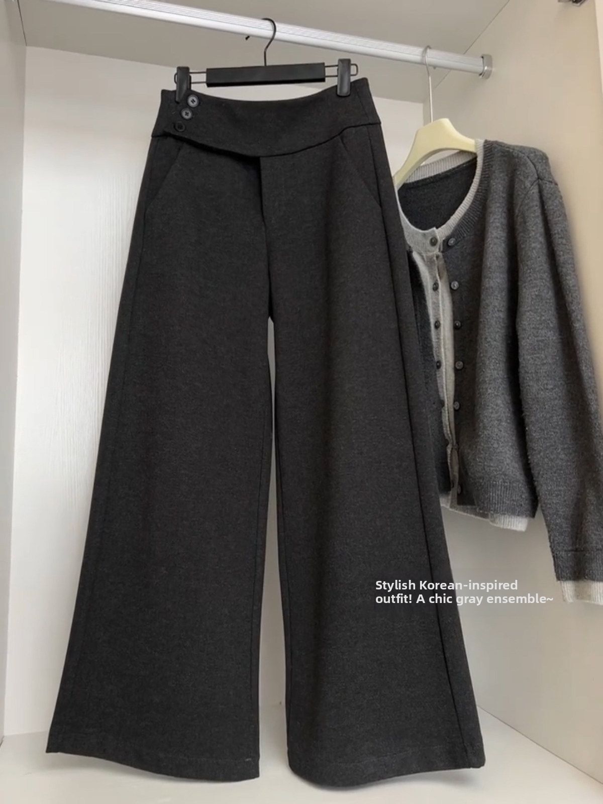 Dark Gray Low Waisted Straight Leg Casual Pants Women's Korean Style Woolen Button Loose Slimming Floor Length Wide Leg Spring 2026_ecoleips.com