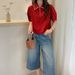 Women's Short Sleeve Top With Peter Pan Collar Color Block Half Zip Cropped Fit Fashion Tee_ecoleips.com