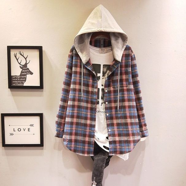Women's Mid-Length Hooded Plaid Shirt With Spring/Autumn-Style Fleece Finish, Korean-Style Casual Jacket In Loose Fit Fo_ecoleips.com