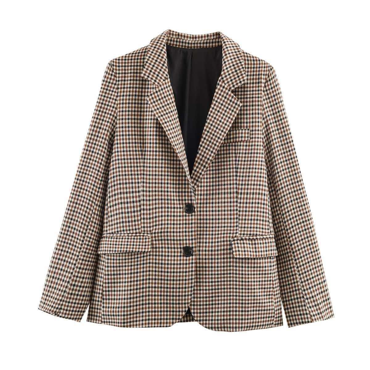 "Women's Slim Fit Plaid Blazer Jacket For Autumn - Office Commute & Casual Wear - Loose Fit Comfort - Trendy Checkered Pattern - Brown/Black/Grey"_ecoleips.com