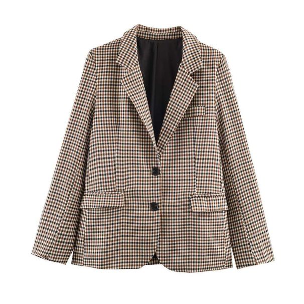 "Women's Slim Fit Plaid Blazer Jacket For Autumn - Office Commute & Casual Wear - Loose Fit Comfort - Trendy Checkered Pattern - Brown/Black/Grey"_ecoleips.com