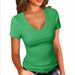 Women's Clothing Slim Fit Solid Color T-Shirt V Neck Short Sleeve Patchwork Design Summer Sexy Top_ecoleips.com