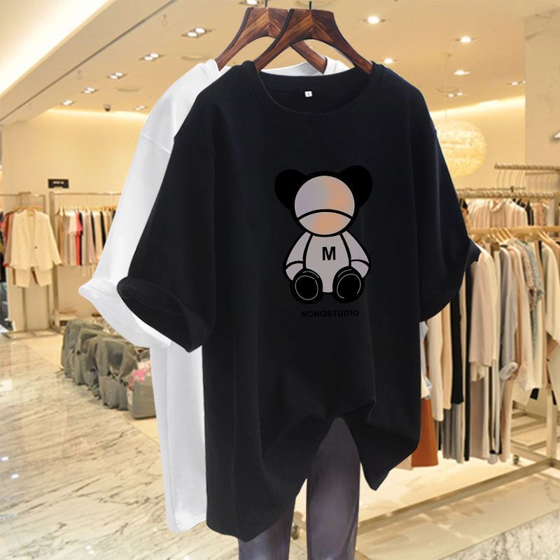 Women's Clothing summer new short sleeved T shirt women's long bear pure cotton round neck print half sleeved goods large version T shirt_ecoleips.com
