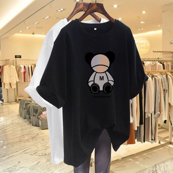 Women's Clothing summer new short sleeved T shirt women's long bear pure cotton round neck print half sleeved goods large version T shirt_ecoleips.com