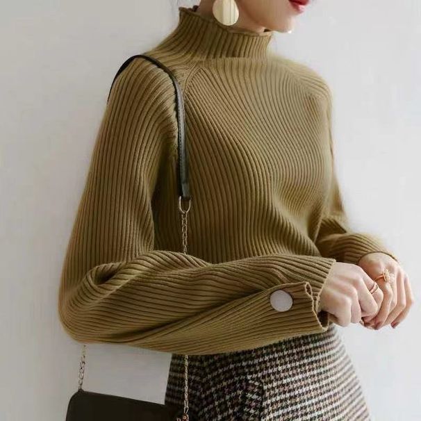 Women's Knit Sweater Long Sleeve Semi-Turtle Neck Loose Fit Casual Pullover Basic Top Trendy Fashion_ecoleips.com